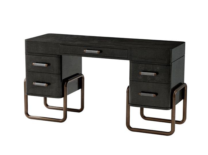 JD71001 Fresh Vanity / Desk Desk / Vanity Graphite Curly Maple Veneered Central Frioeze Drawer Two 'Wrap-Around' Drawers to Each Pedestal Leather Wrapped & Bronze Capped Handles Bronzed Steel Tubular