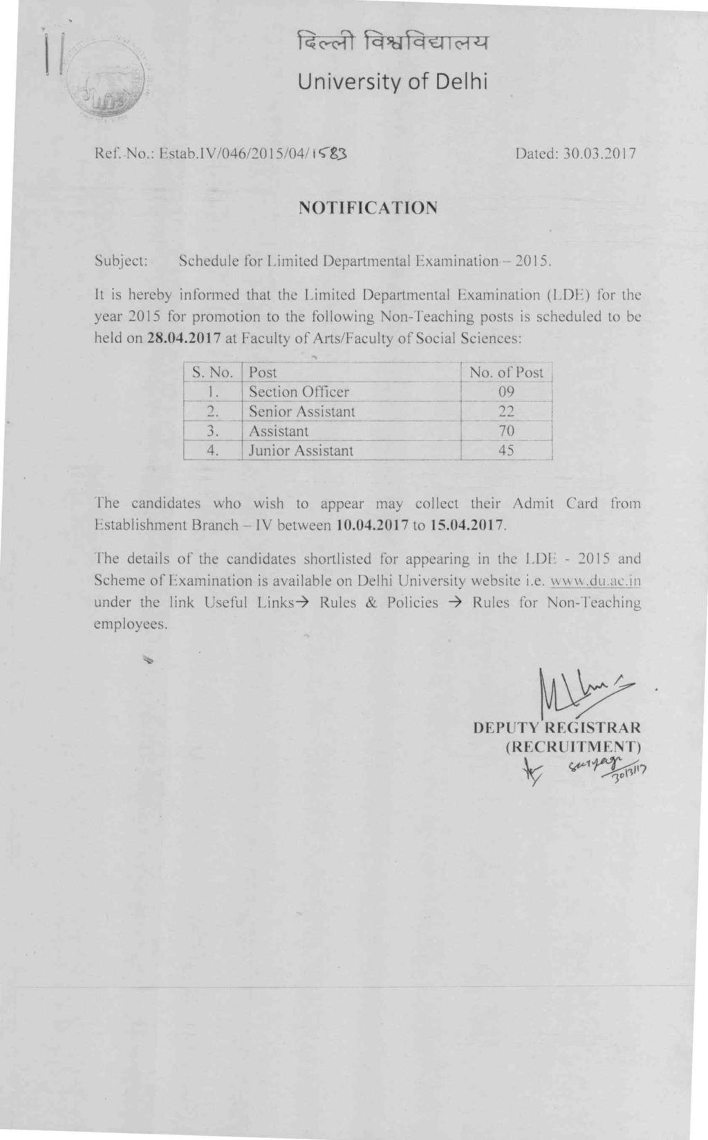 I I Estab.IV/046/2015/04/ i cg3 Dated: 30.03.2017 NOTIFICATION Subject: Schedule for Limited Departmental Examination - 2015.