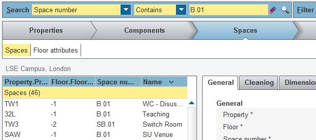 Figure 12 - The search bar on Planon If looking for rooms throughout the campus select LSE Campus under the Properties arrow tab. Then jump to Spaces arrow tab.