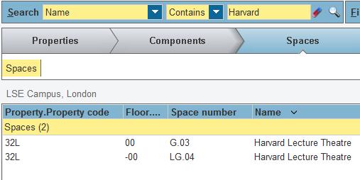 Example 3: Find the Harvard Lecture Theatre on campus 1. Under Properties arrow tab, select LSE Campus. 2. Jump to Spaces arrow tab. 3. On the search bar, select Name. 4.