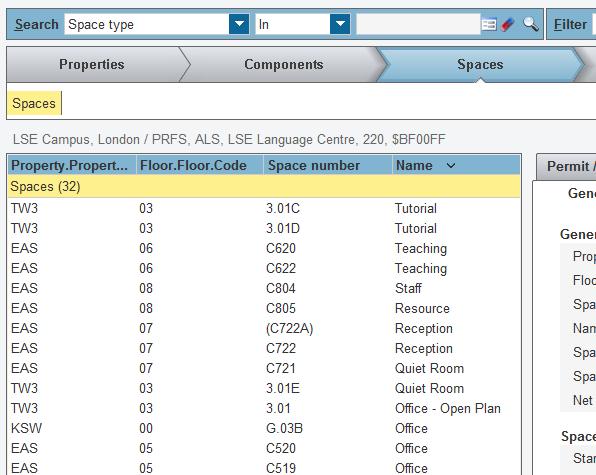 Selecting by type or by department Planon also allows users to see space information according to the space type and department. Like Floor, these are accessible under the Components arrow tab.