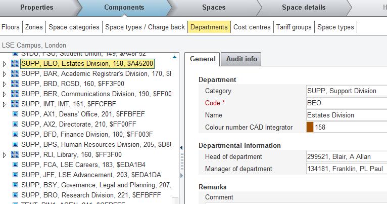 Under the Components arrow tab it is also possible to access information about the departments, such as their code and managers. This can be accessed by selecting a department, under Departments.
