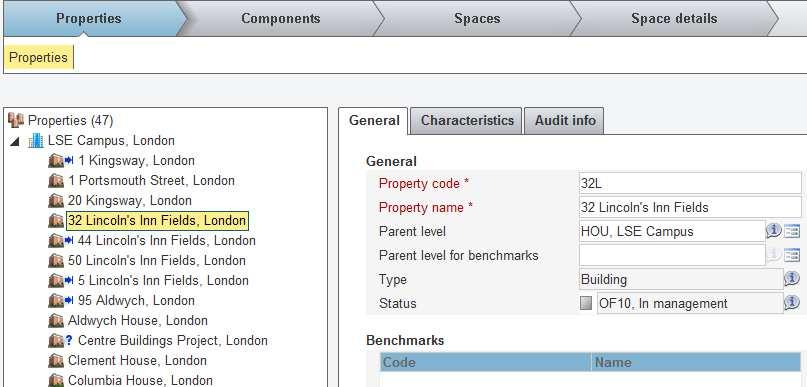 Figure 2 - Selecting the chosen property Example 1: Locate room B.09 in 32LIF 1. Under Launch Centre, click 01 Spaces and Floor Plans. 2. Under Properties arrow tab, select 32 Lincoln s Inn Fields.