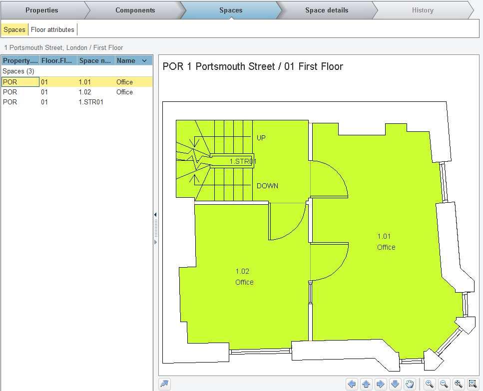 Figure 7 - Floor plan with highlighted spaces and constructional elements To zoom in and out, use the CAD Integrator toolbar at the bottom right of the screen.