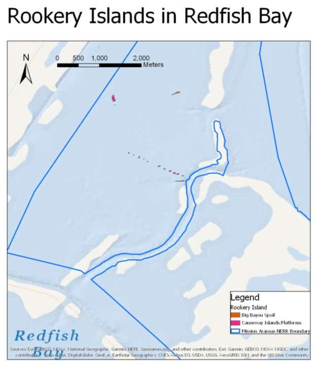 Figure 3. Two rookery islands in Redfish Bay. The northern most island is Big Bayou Spoil and the south island complex is Causeway Islands/Platforms. IV.