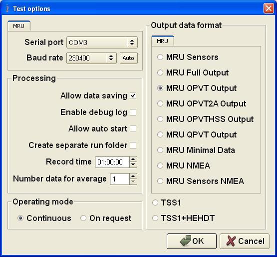 4. Options Menu 4.1. Test options To set operation parameters of the MRU, COM port, format of output data, select «Test options» (Fig.3.7) from the «Options» menu (or click button).