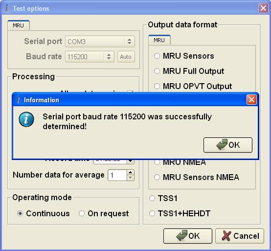 Fig.4.9 To change COM port baud rate in the MRU unit go to the «Devices Options», IMU tab (see Fig.4.2) and choose necessary baud rate from the list as Fig.4.10 shows.