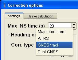 4.3.1. Settings tab of «Correction options» window There are the next settings for adjustment of the MRU algorithm (see Fig.4.15): Max MRU time is the maximum time (in seconds) of autonomous MRU operation at absence of GNSS data (GNSS outage).