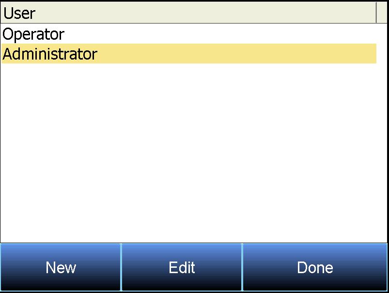 The Operator and Administrator users are present by default. To create a new user, tap the New button.