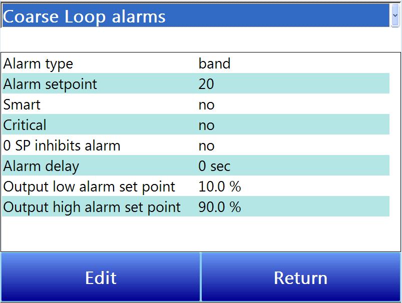 Settings for Coarse Loop Alarms, Dew Point Trim alarms, Pressure alarms, Tube 1 3 and Loop 7 16 alarms include the following. Alarm type: The types are band and deviation.
