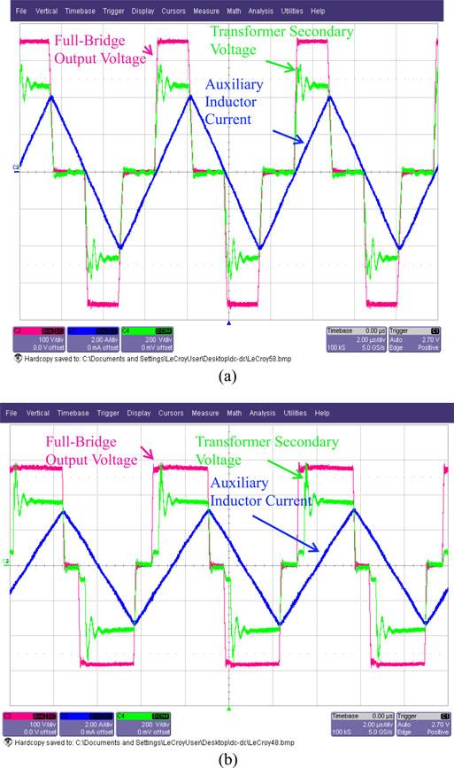 2764 IEEE TRANSACTIONS ON POWER ELECTRONICS, VOL. 27, NO. 6, JUNE 2012 Fig. 15. Proposed converter waveforms at no load. Fig. 14 (a) Waveforms of the conventional full-bridge converter with auxiliary circuit at 10% load.
