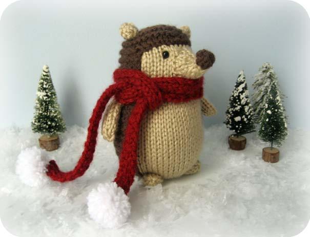 Knit Hedgehog Pattern A pattern by Amy Gaines Measurements: 6 inches tall Materials: Worsted Weight yarn: Light Brown, Dark Brown, Red and White. Polyfil for stuffing the body Pair of size 4 (U.S.