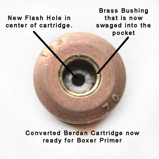 In this illustration we have a converted cartridge from the outside where you can see the brass bushing that was converted from the old primer that is now swaged firmly in the primer pocket walls.