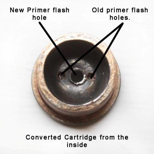 Also a shot of the cartridge from the inside so you can see how it is opened up in the flash hole in the middle for the new boxer primer. Step 1.