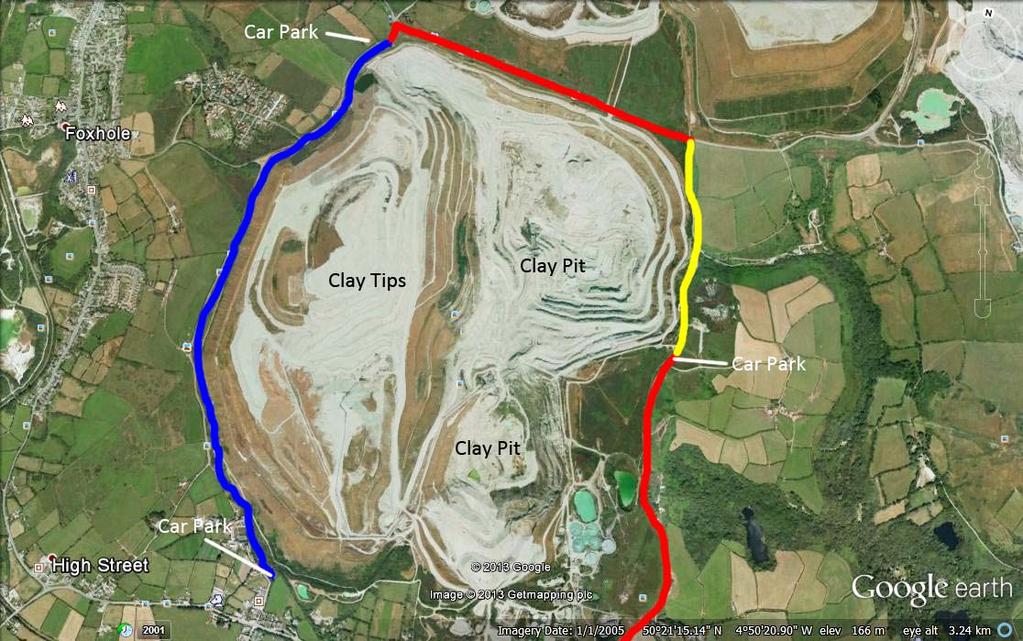 An overview of Blackpool Clay Pit with the Blackpool Clay trail in blue, public roads with some views in red, public footpaths in yellow. The pit is now filled with water to a depth of 50m.