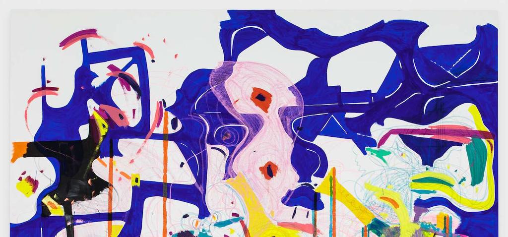 Joanne Greenbaum, Untitled (2016), oil, acrylic, Flashe, oil crayon, and marker on canvas, 145 x 135 inches (click to enlarge) The white ground of Untitled is close enough to the gallery s white wall