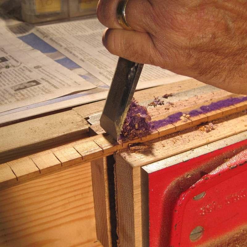 Step 10 : Use a sharp 3/4" or 1" wood chisel (Chisel set - Cat. No. 292) to scrape the felt remnants from the rail.