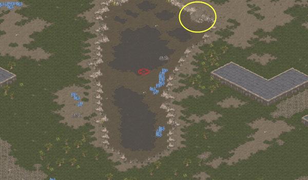 The starting area of the other player is below. The yellow circle shows the only entry/exit to the starting area.