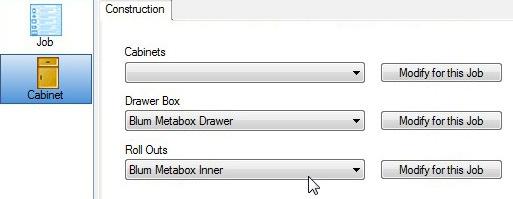 Metabox Standard Usage Menu Selections for a Job, Room or Cabinet.