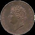 3614 3615 3614 George IV, Halfpenny, 1827, laureate head left, date below, rev struck en medaille, Britannia seated right, shield with two incuse lines on saltire (Peck 1438 rev A; S 3824).