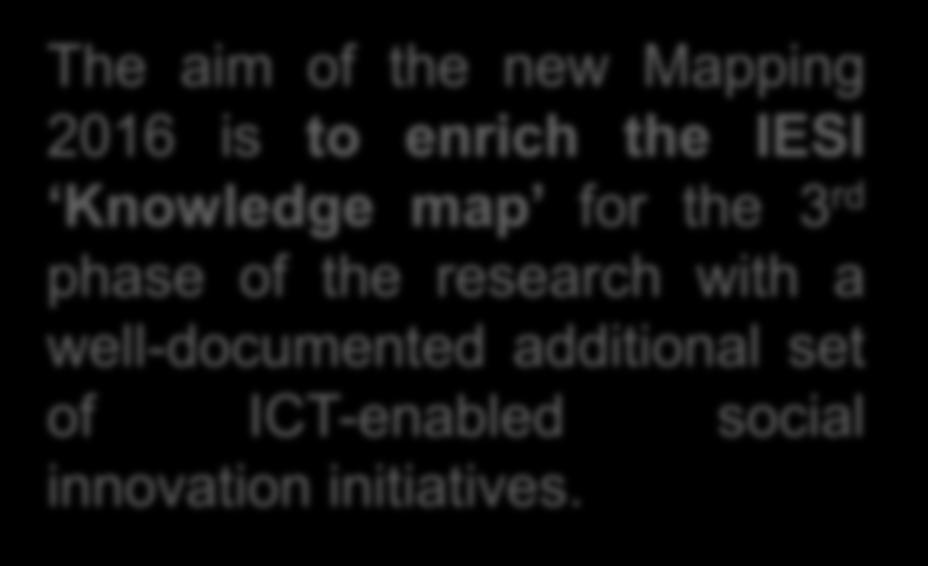 Welcoming the IESI Mapping 2016 Aims & Objectives The aim of the new Mapping 2016 is to enrich the IESI Knowledge map for the 3 rd phase of the