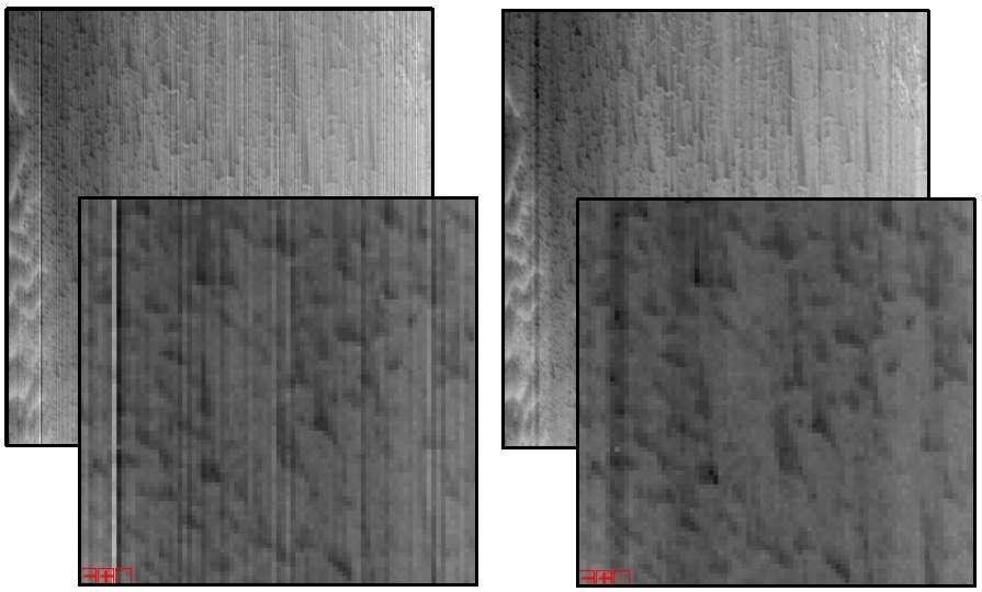 10, inidicates that we can correct the high frecuency vertical noise, but in the left part of the zoom we appreciate that remains a low frecuency vertical noise (several darker adjacent columns).