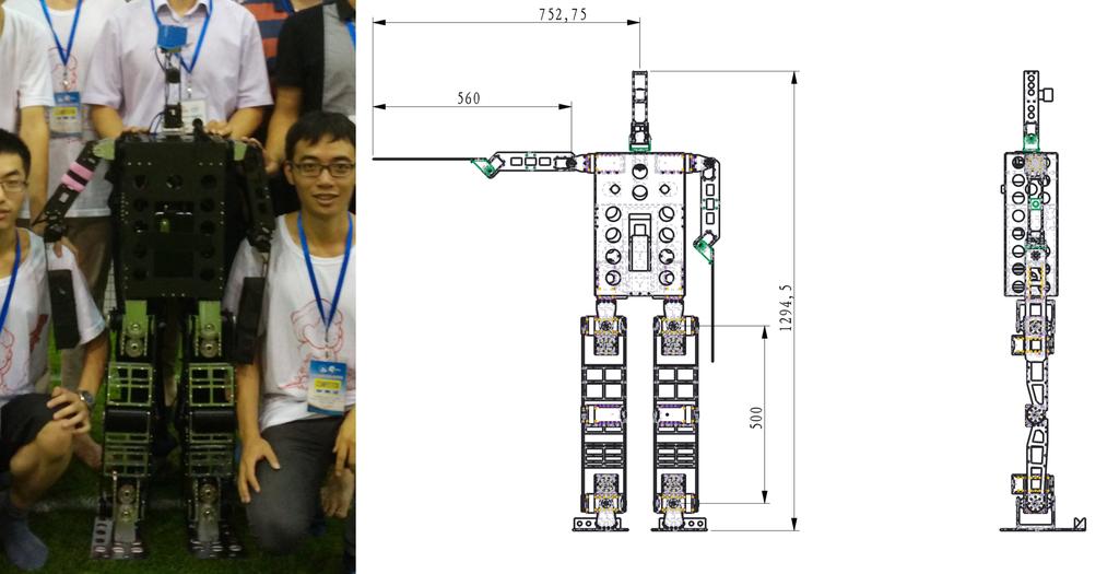 Fig. 1. 1) Strider Pro robots 2 2) Robot Dimension The Robot Design Fig 1-1) shows our Strider Pro robot in practice. The robot has a height of 1300 mm, and weights 32Kg, including batteries.