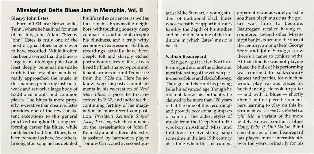 Mississippi Delta Blues Jam in Memphis, Vol. II Sleepy John Estes Born in 1904 near Brownsville, Tenn.