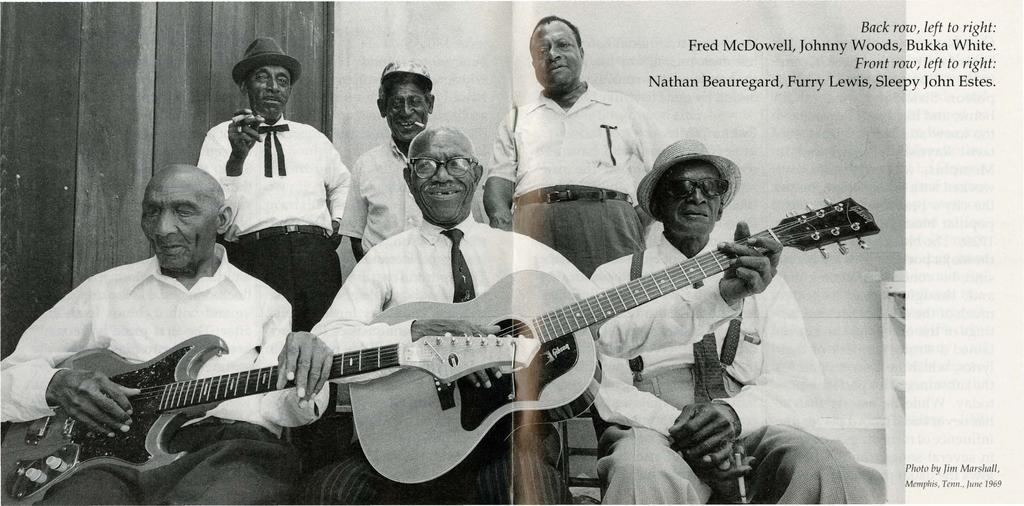 Back row, left to right: Fred McDowell, Johnny Woods, Bukka White.
