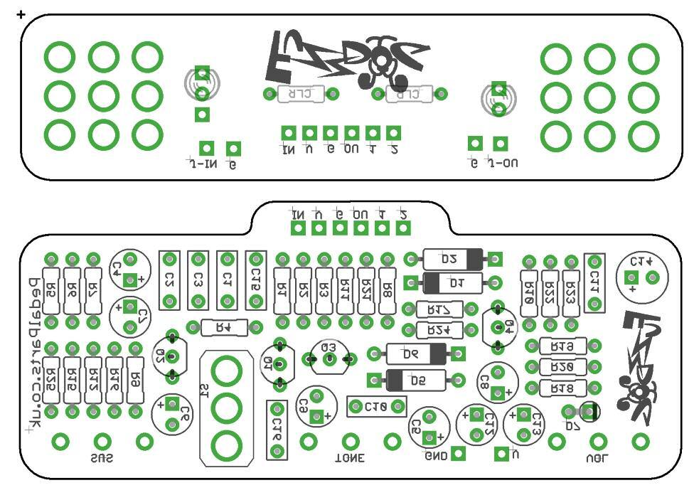 PCB Layout 2015 Pedal Parts Ltd. Be very careful when soldering the diodes, LEDs and transistors. They re very sensitive to heat.