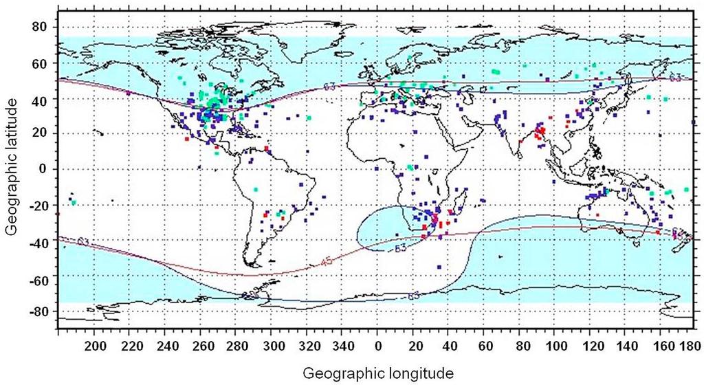 Figure 2. Geographical location of the 383 observations of V events during the period 2005 2010.