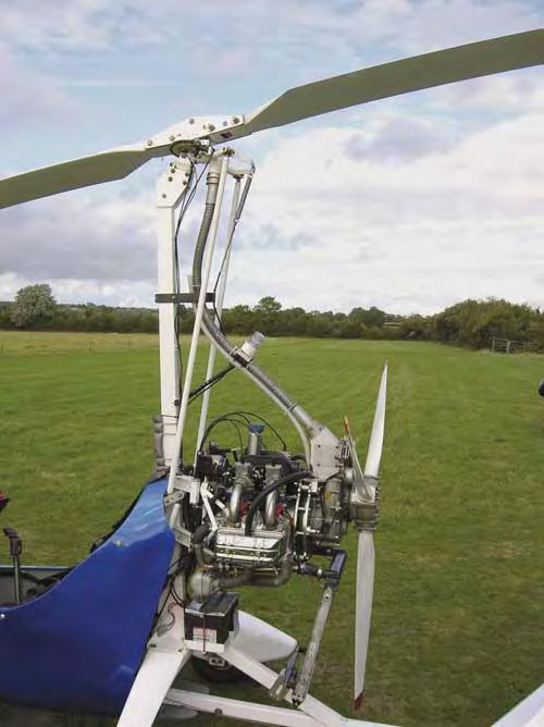 Above: The close-up of a VPM M-16, an Italian designed autogyro produced by a factory near Milan, displays the engine, drive, transmission and rotor essential elements in this unique form of aircraft