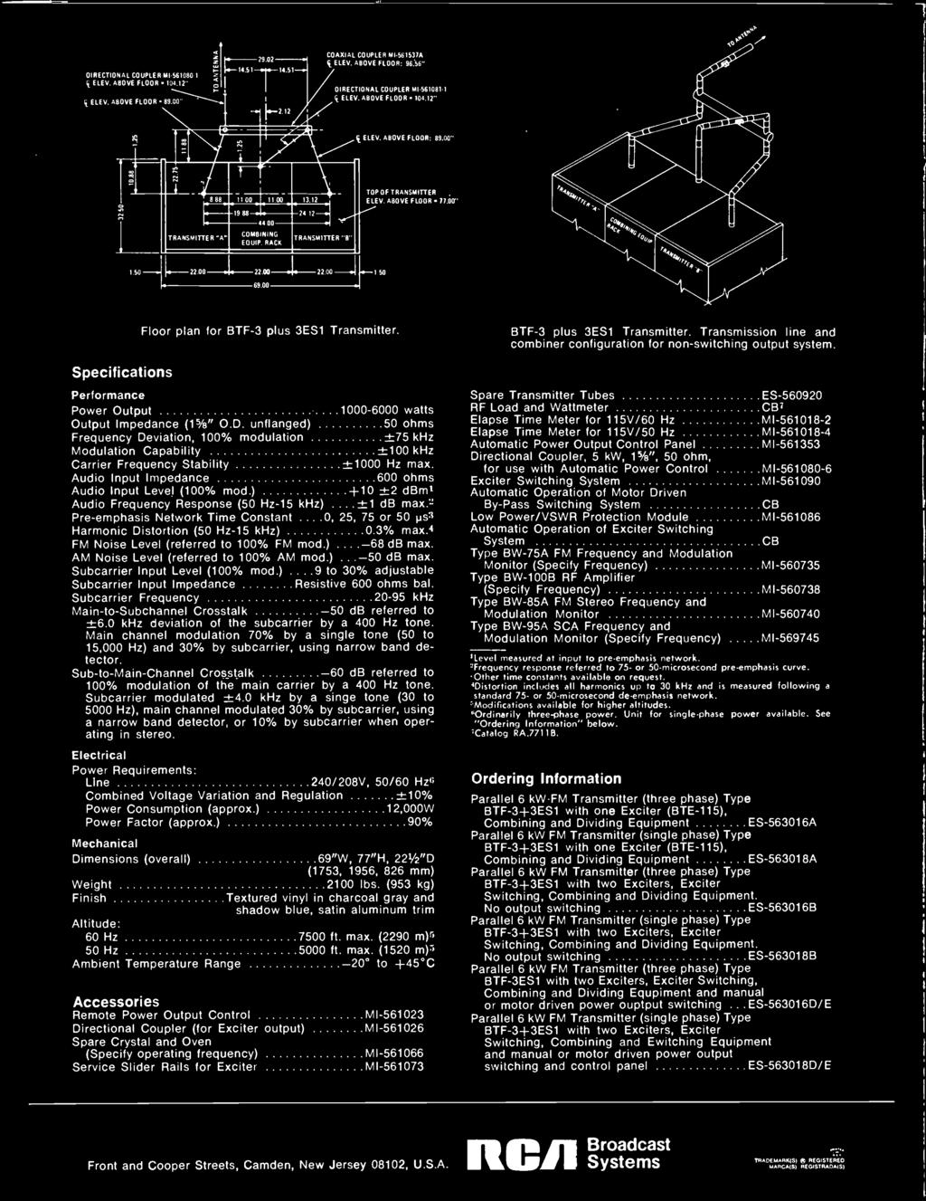 00 Specifications Floor plan for BTF-3 plus 3ES1 Transmitter. Performance Power Output 1000-6000 watts Output Impedance (15/8" O.D.