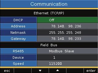 Communication The UMG508 has an Ethernet and a RS485 interface. Ethernet (TCP/IP) Select the type of address allocation for the Ethernet interface here.