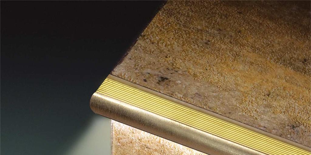Brass stair profile for lighting stairs and strengthening their edge. Suitable for indoor and outdoor use at various construction materials.