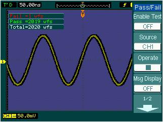 Example 9: Pass/Fail Test In Pass/Fail Test, the oscilloscope compares the input signal to the established waveform mask. Execute the steps as following: 1. Press Utility Pass/Fail. 2.