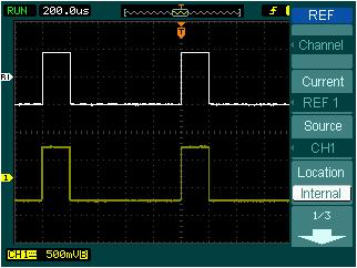 6. Display a Reference Waveform Figure 2-34 Reference waveform display Operation introductions: 1. Press REF button to show the reference waveform menu. 2. Press soft button 3 to select the reference channel: CH1, CH2, CH3, CH4 or MATH.