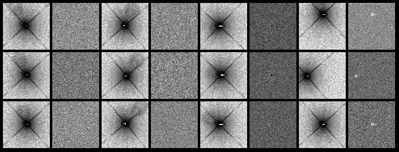 Images in the first row show an unsaturated point source target, as generated by the HeNe laser (about 30K e - in the peak pixel).