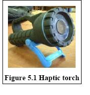 Haptic torch for the blind: Figure : The device, housed in a torch, detects the distance to objects, while a turning dial on which the user puts