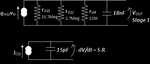 First Stage Voltage Gain & Slew Rate The output resistance of the first stage is the parallel combination of the Early resistance of Q13 and Q15. The 500 ohms in the emitter of Q15 has little effect.