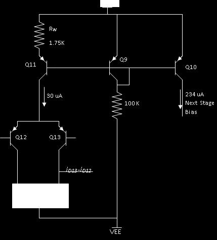 Biasing and Differential Stage With power supply +/- 12 V, the voltage across the 100 K resistor is about 23.4 volts and IC9 is about 234 ua.