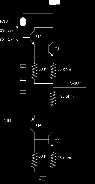 Output Stage: Complementary Symmetry Buffer Two common collector stages tied together so that the output current can be high in either positive or negative direction.