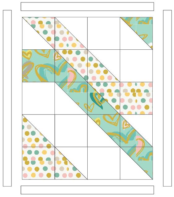 One (1) 4½" x 4½" square from fabric B. DIAGRAM 2 Add the strips from fabric E starting by the top and bottom ones, and then the sides. Six (6) ½" x 1" rectangles from fabric C.