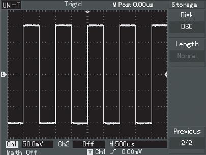 Table 2-19 Waveform save menu (page 2) Function Menu Setup Explanatory Note Disk Depth Previous page 2/2 DSO USB Normal Lengthy -- Select the internal memory of the oscilloscope Select the external