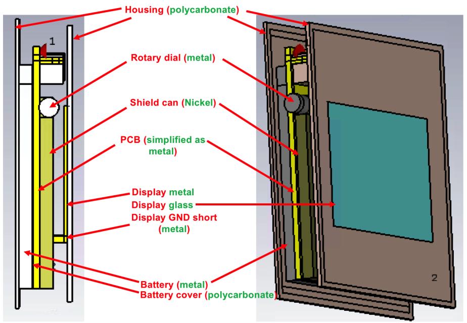 The simplified model and the materials assigned to the individual parts are partially based upon the knowledge of the parts, and partially based on common knowledge (like the PCB, Battery, Shield can