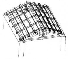 purlins, lying directly on principal rafters; two additional orders of elements are then placed on the ridge beam and on the purlins: these elements, including secondary rafters, finally support the