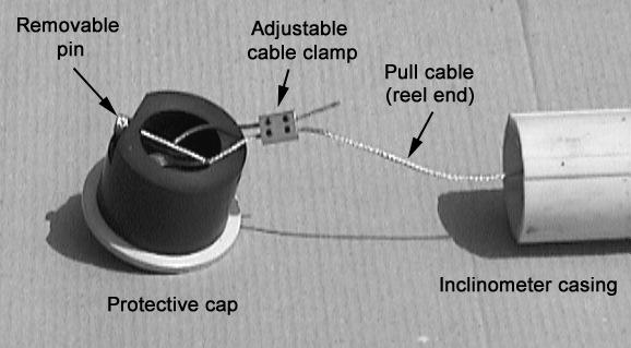 The end caps have pins that are used to anchor the loops at the ends of the pull cable so that the pull cable can be easily retrieved out of the casing from either end.
