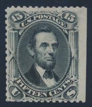 United States 854 (*) 77 1866 15c black Lincoln, unused (regummed) with a natural straight edge at right and slightly trimmed perfs at bottom, with Diena