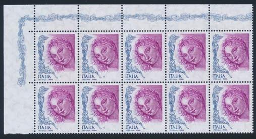 Italy continued Jordan 831 ** #2447 2004 ( 0,45) Women in Art with Omitted Denomination, in a mint never hinged upper left corner block of ten, very fine.