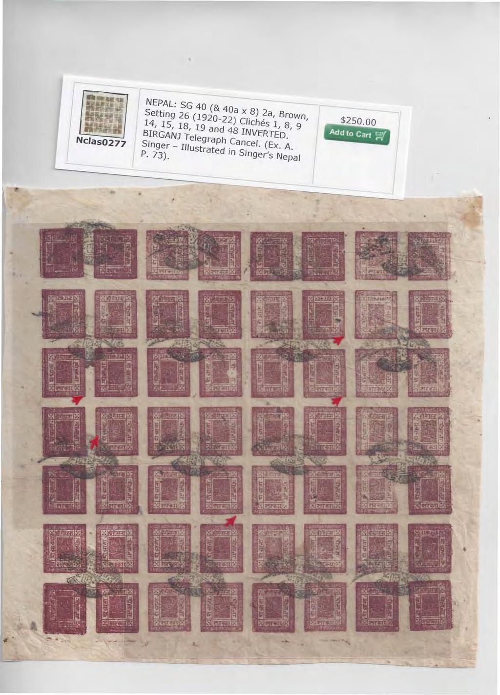 Nclas0277 NEPAL: SG 40 (& 40a X 8) 2a, Brown, Setting 26 (1920-22) Cliches 1, 8, 9 14, 15, 18, 19 and 48